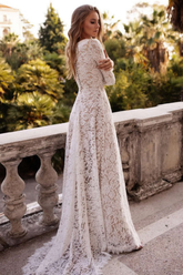 A-line Scoop Neck Lace Sweep Train Wedding Dresses-27dress